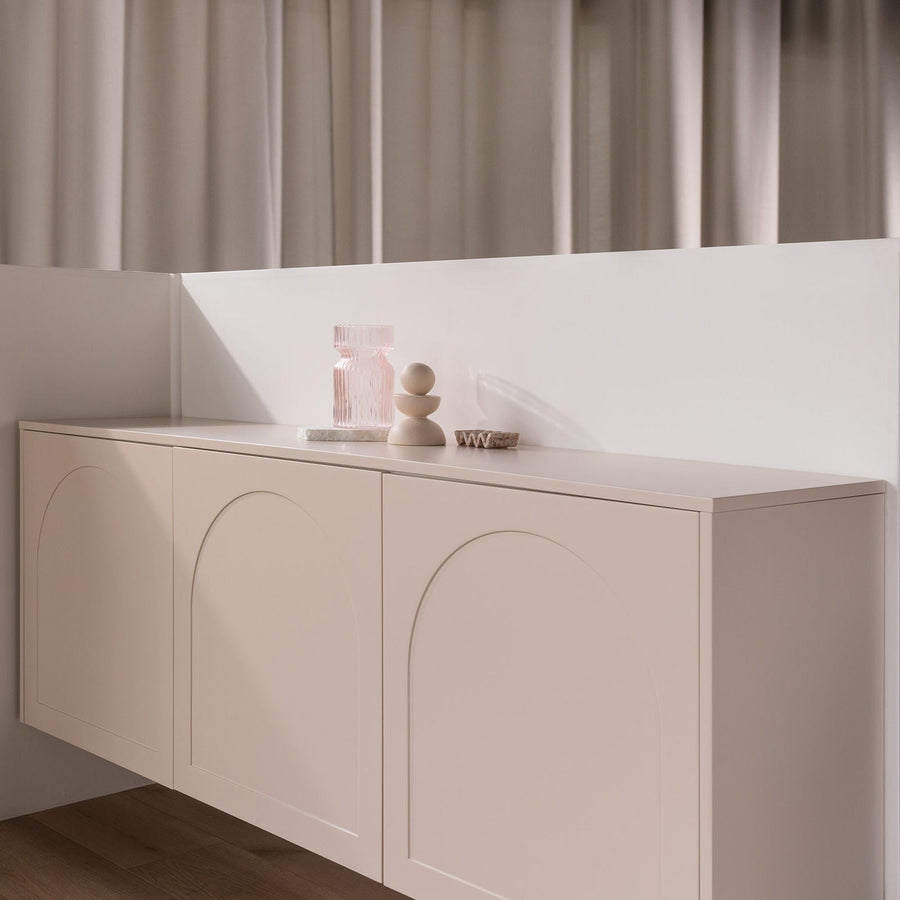 Wall-hung IKEA BESTÅ unit with Arch doors painted in Nude (Dulux Light Rice), a matching top and side panels