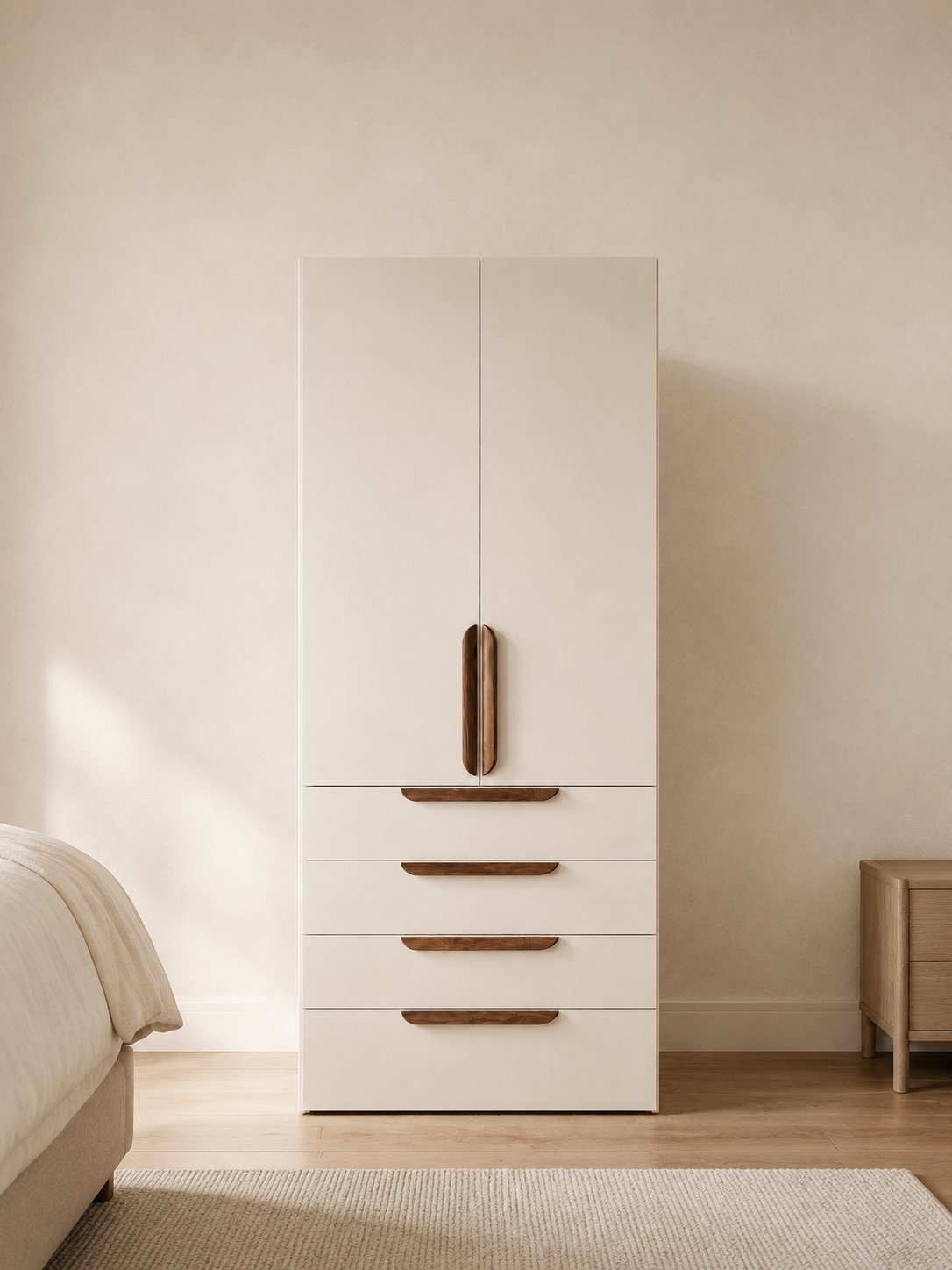 Doors up, four drawers down.