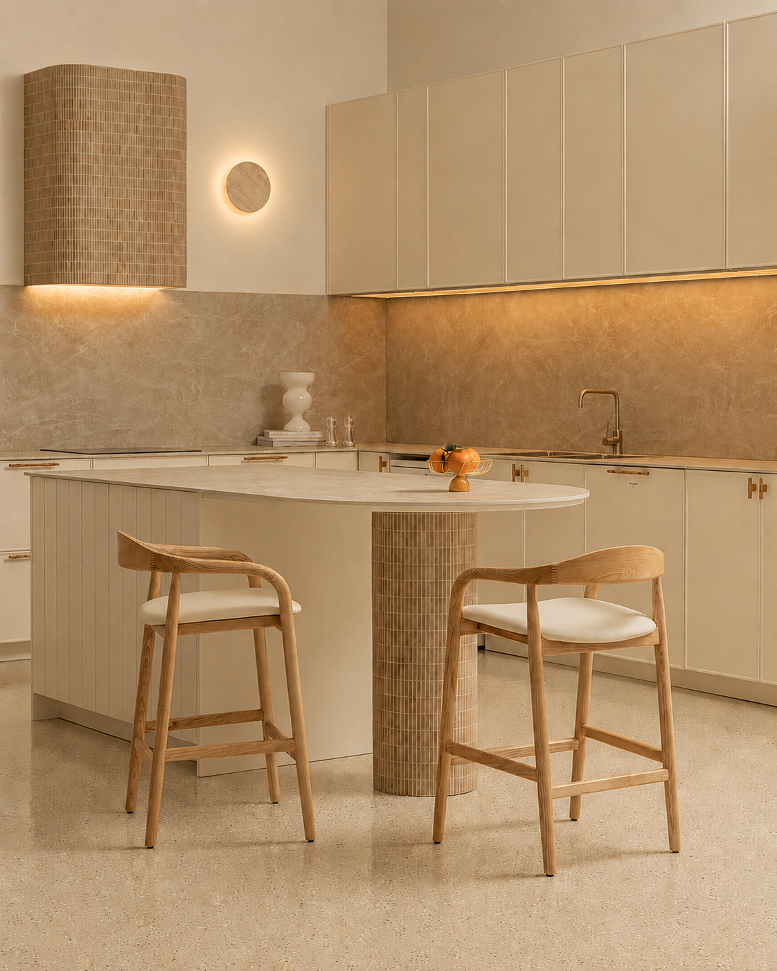 Contemporary kitchen with ivory and pale oak cabinet fronts